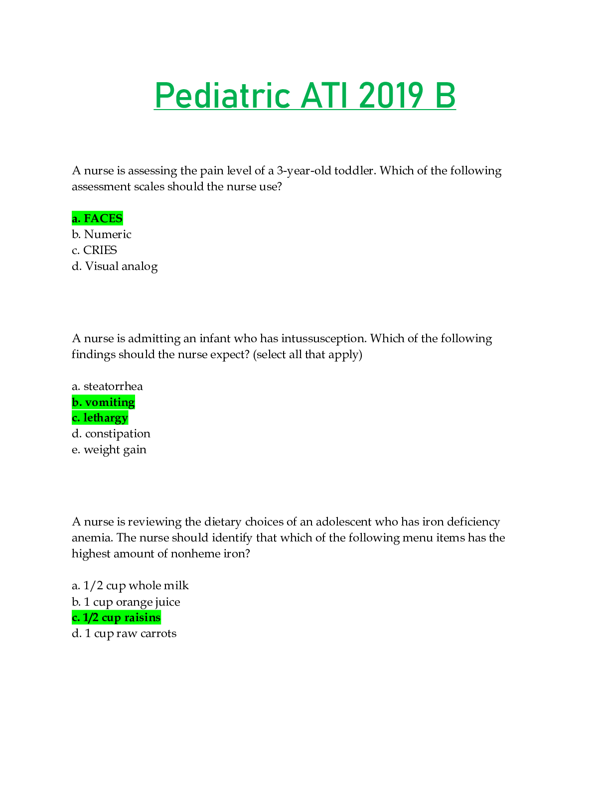 Preview of Pediatric ATI 2019 B
